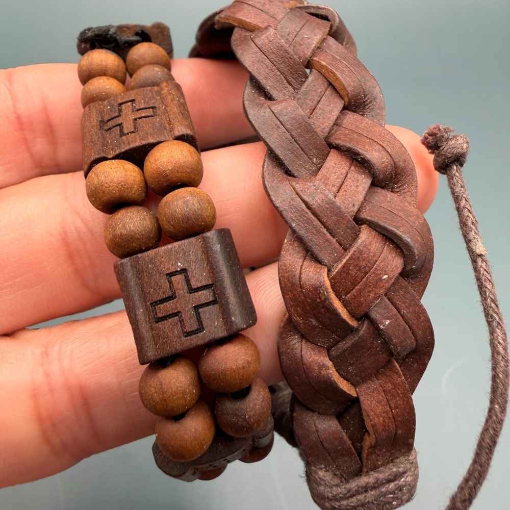 Set of 2 Brown Wooden Bead Braided Cord Cross Bracelets Boho Christian Gift Men - Picture 13 of 17